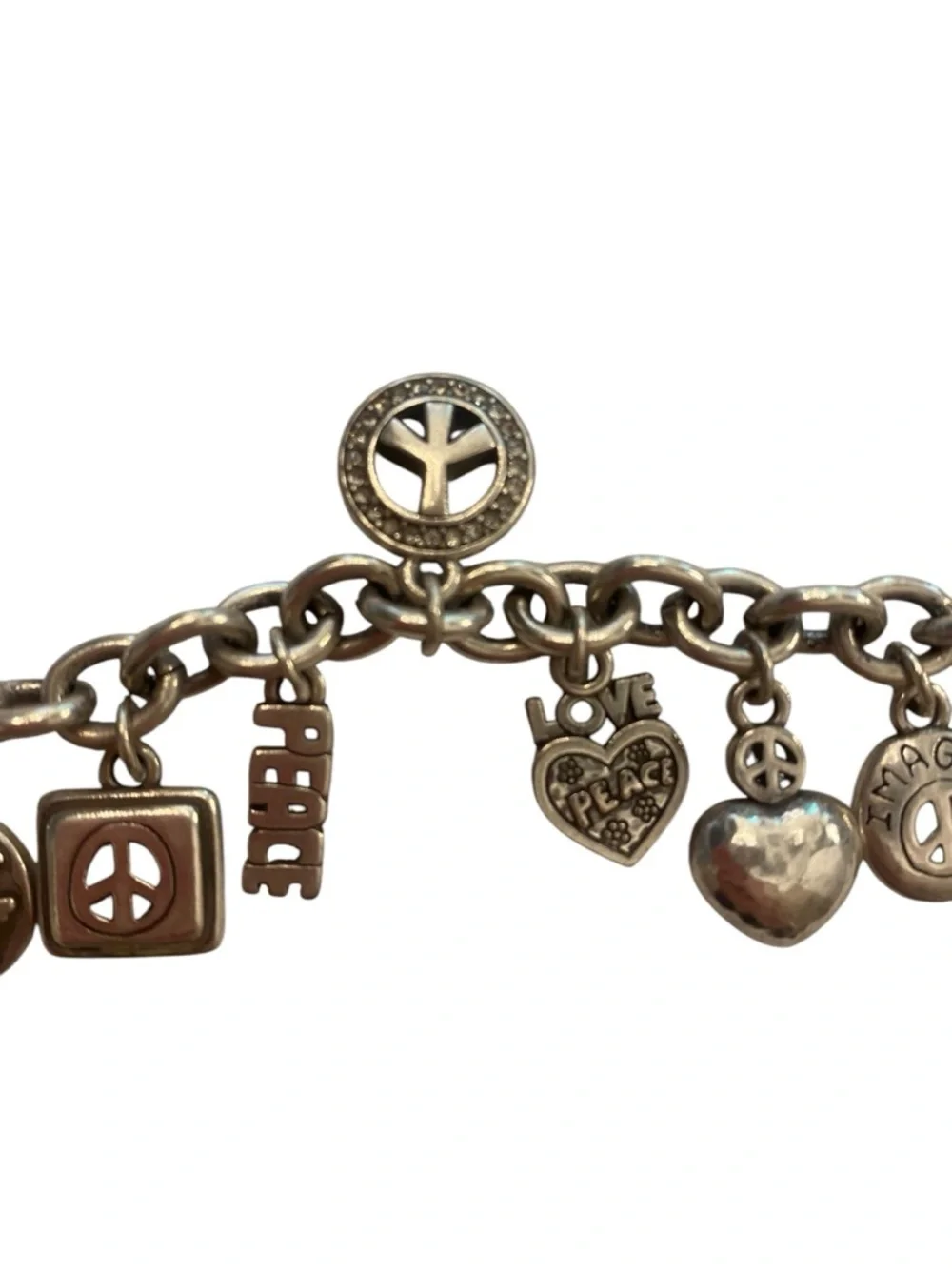 Brighton Women’s Peace Love Heart Silver Charm Bracelet Jewelry great condition